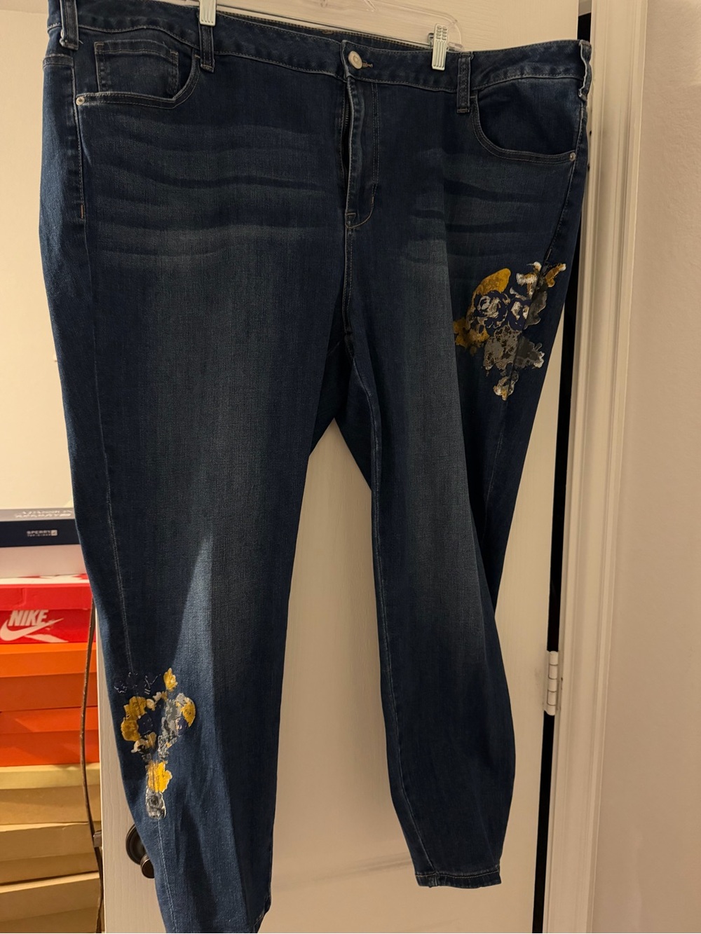 Venezia Dark Blue Boyfriend Jeans with Yellow Floral Embroidery